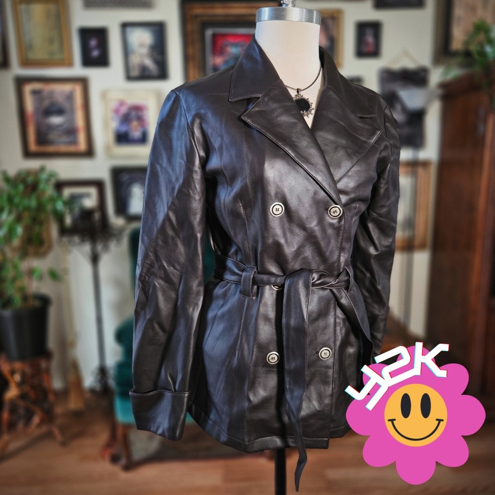 Highway Faux‎ Leather Jacket Vintage Y2K Coat Brown Belted Vegan Womens Small